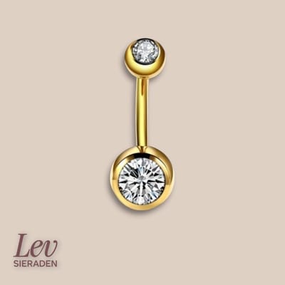 Lev Sieraden - Titanium double jewelled navel barbell piercing - 1.6 x 14 mm - Goud kleurig - Zirkonia steen - Piercing - neuspiercing staafje - tragus piercing - Oorpiercing - lip - navel piercing