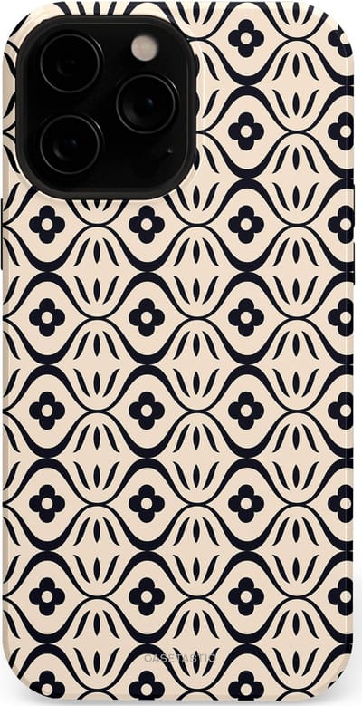 Casetastic hoesje geschikt voor Apple iPhone 13 Pro Max - MagSafe - Dubbellaagse bescherming - Retro crème-zwarte bloemenprint - Fashion Case - Crème Grijs Donkergrijs