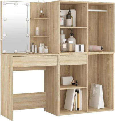 Kaptafel met spiegel en verlichting - Make up tafel - Make up - Toilettafel -Met lades - Kaptafels - Met kast - Eikenkleurig
