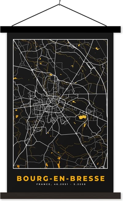 Posterhanger incl. Poster 40x60 cm - Schoolplaat - Bourg-en-Bresse - Stadkaart - Plattegrond - Kaart - Frankrijk - Textielposter - Zwarte latten - Stadskaart