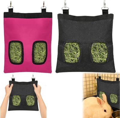 Hooitas Set voor Kleine Huisdieren - Hangende Voederzak met 2 Ramen voor Konijnen, Cavia's en Hamsters in Zwart en Roze van Duurzaam Oxford Stof
