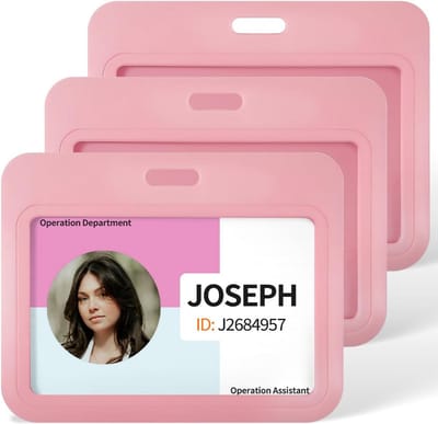 Set van 3 schuifbadgehouders voor ID-kaarten, horizontaal, roze, met transparant venster