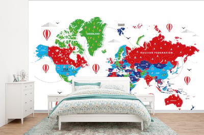 Behang - Fotobehang Wereldkaart - Kleuren - Luchtballon - Breedte 320 cm x hoogte 240 cm