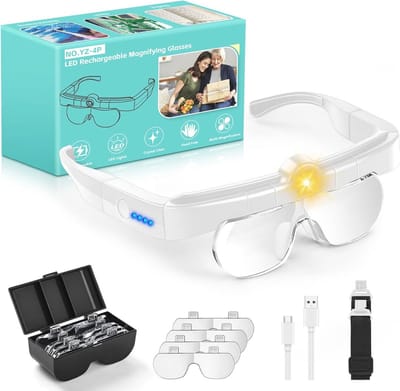 Magnifying Glasses with Light - LED Headband Magnifier - USB Charging - 3 Adjustable Colour Temperatures - Main Magnifier for Jewellers - Reading - Elderly - 5 Lenses (1.5 x to 5X) White - Vergrootglas met LED verlichting