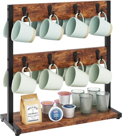 Famanu – Houten mokkenhouder met 16 haken + opbergbasis – mok display organizer voor aanrecht – rustiek bruin