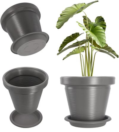 KADAX Bloempot van kunststof, 4 kleuren, plantenbak met onderzetter, plantenpotten, plantenpot met gesneden patroon, kunststof bloempotten, ronde bloempot (diameter 39 cm, antraciet)