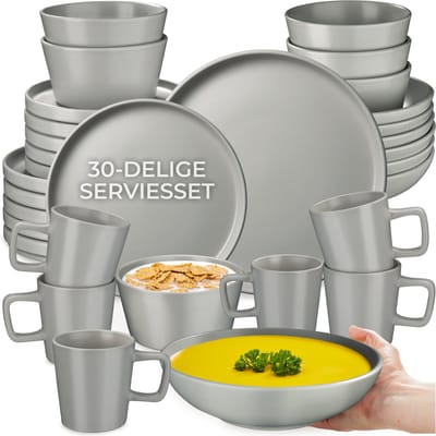 tectake® Serviesset Una - 30-delig - Aardewerk - 6 Persoons - Stijlvol en Duurzaam Servies - Bordenset met Grote en Kleine Borden, Kommen, Schaaltjes - Kopjes - Grijs