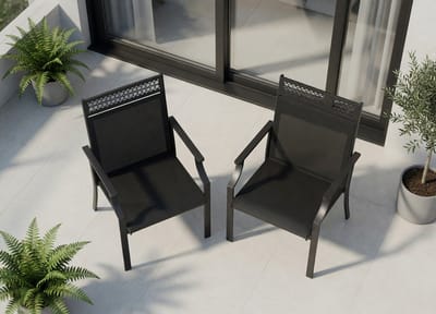 Set van 2 Luxe Tuinstoelen – Ergonomische Outdoor Stoelen met Teslin Textileen – Ademend, Sneldrogend & Weerbestendig – Tot 120 kg Belastbaar – Voor Tuin, Terras, Balkon en Zwembad – Zwart Mobili Bella