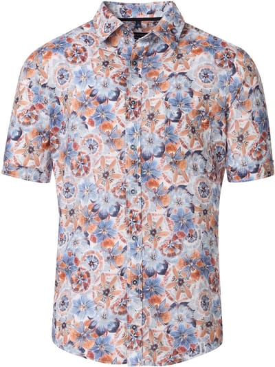 CASA MODA Sport casual fit overhemd - korte mouw - popeline - donkerblauw - wit en beige dessin