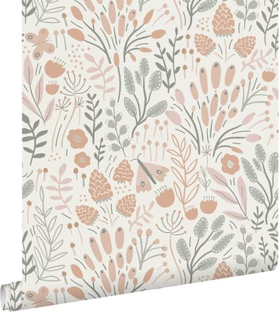 ESTAhome behang bladeren en bloemen lichtblauw en terracotta - 50 x 900 cm - 131387