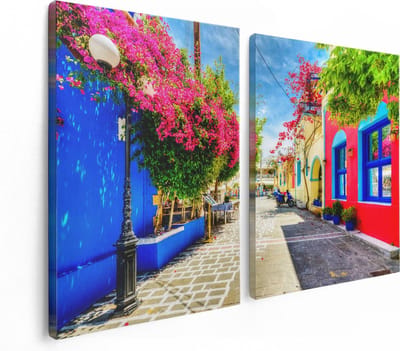 Artaza Canvas Schilderij Tweeluik Kleurrijke Straat op het Eiland Kos, Griekenland - 120x80 - Foto Op Canvas - Canvas Print