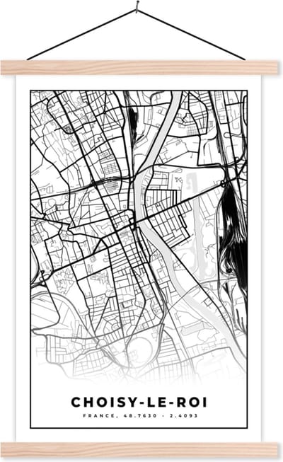Posterhanger incl. Poster 40x60 cm - Schoolplaat - Frankrijk - Choisy-le-Roi - Plattegrond - Stadskaart - Kaart - Zwart wit - Textielposter - Blanke latten - Stadskaart