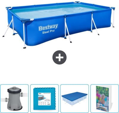 Bestway Rechthoekig Steel Pro Zwembad - 300 x 201 x 66 cm - Blauw - Inclusief Pomp Vloertegels - Afdekzeil - Zwembadgids