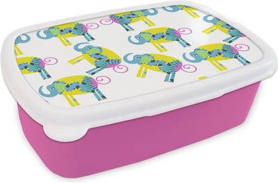 Broodtrommel Roze - Lunchbox - Brooddoos - Olifant - Geel - Ornament - Patronen - 18x12x6 cm - Kinderen - Meisje