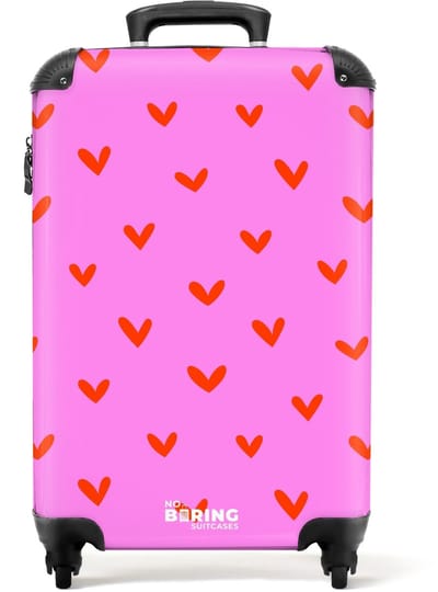NoBoringSuitcases.com - Koffer dames - Herhalend hartjespatroon op roze achtergrond - Past binnen 55x40x20 cm en 55x35x25 cm - Trolley handbagage vrouwen - Valiezen met wieltjes volwassenen - Reiskoffer op wielen - Rolkoffer lichtgewicht