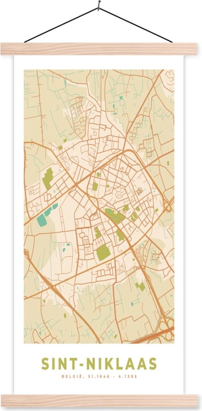 Posterhanger incl. Poster 60x120 cm - Schoolplaat - Plattegrond - Retro - Stadskaart - Sint-Niklaas - Kaart - Textielposter - Blanke latten - Stadskaart