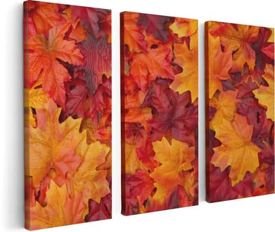 Artaza Canvas Schilderij Drieluik Herfstbladeren in het Oranje en Rood - 120x80 cm - Wanddecoratie Woonkamer - Schilderijen - Muurdecoratie