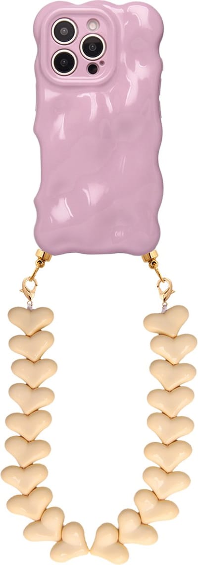 Casies Bubbly hoesje geschikt voor Apple iPhone 13 met creme harten koord - telefoonhoesje met chunky hartenkoord - Cord case - Paars
