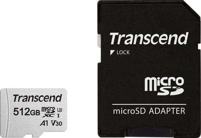 Transcend Premium 300S microSDXC-kaart 512 GB Class 10, UHS-I, UHS-Class 3, v30 Video Speed Class, A1 Application Performance Class Incl. SD-adapter