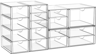 Set van 4 doorzichtige cosmetica- en bureau-organizers met 16 handige laden