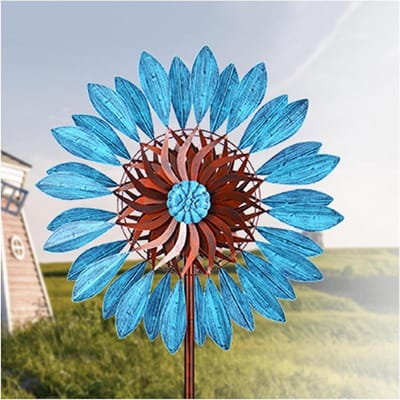 Grote Windspinner - Buiten Decoratie - Tuin Verfraaien - Dubbele Rotoren - 24 Inch Breed - Brons Blauw