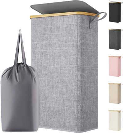 Wasmand met Deksel, Smalle Wasmand, Laundry Basket met Bamboe Frame, Uitneembare Zak en Handgreep, Voor Slaapkamer, Badkamer, Wasruimte, 75L, Lichtgrijs