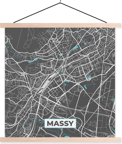 Posterhanger incl. Poster 40x40 cm - Schoolplaat - Frankrijk - Massy - Plattegrond - Kaart - Stadskaart - Textielposter - Blanke latten - Stadskaart