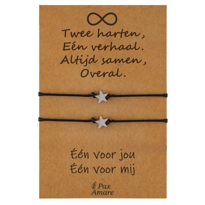 Vriendschapsarmbandjes voor 2 " Twee Harten, Een Verhaal ∞" - Sterretjes - BFF Armbandjes met Persoonlijk Cadeau Kaartje - Zilverkleurig - Elastisch Verstelbaar - Pax Amare