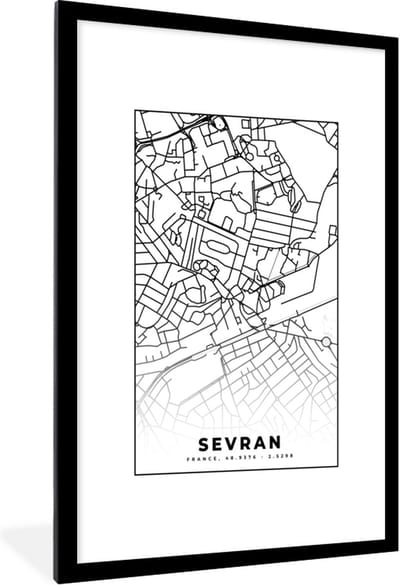 Fotolijst incl. Poster Zwart Wit- Kaart - Sevran - Frankrijk - Stadskaart - Plattegrond - Zwart wit - 80x120 cm - Posterlijst