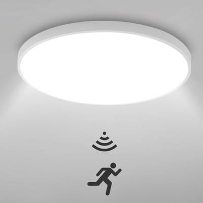 LED plafondlamp met bewegingssensor, 22 cm, plat, ultradun, 18 W, 6500K, waterdicht IP44, voor balkon, garage, gang