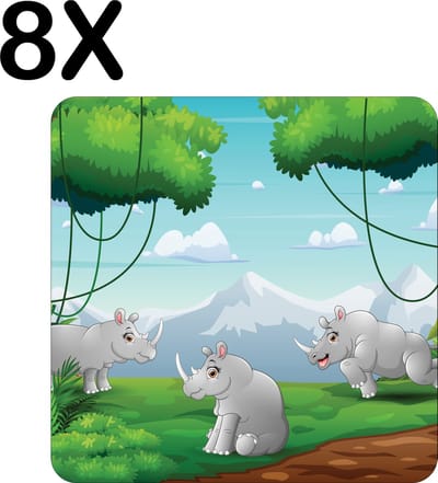 Luxe Placemat - Vrolijke Neushoorns in het Bos - Getekend - Set van 8 Placemats - 50x50 cm - 2 mm dik Vinyl - Anti Slip - Afneembaar
