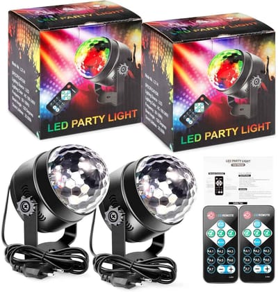 CORE LED RGB Discobal Set van 2 - Discoverlichting met Afstandsbediening - 7 Kleuren en 3 Lichtmodi - 360° Roterende Feestverlichting - Muziekgestuurde Party Lights - 8.3x7.5x9.2cm