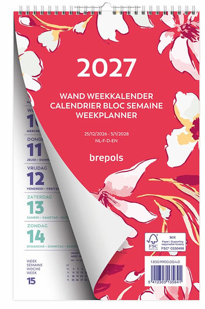 Brepols Wand-week kalender 2027 - FANTASY - Week begint op maandag - 13.5 x 21 cm - Rood - Bloem