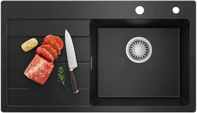 CECIPA MAX Granieten Spoelbak 78x45CM - Spoelbakken Keuken Zwart - Spoelbak Met Planchet en Afdruiprek - Spoelbakken Incl. Sifon en Afvoerzeefje