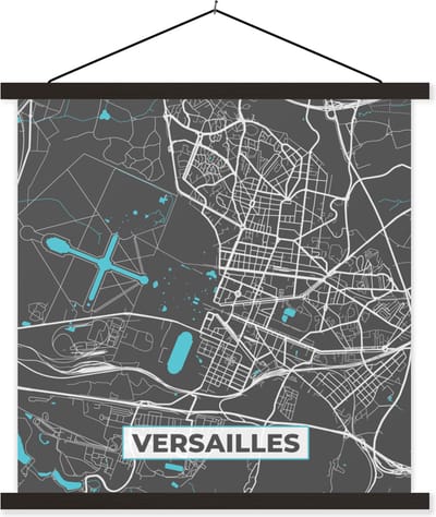 Posterhanger incl. Poster 60x60 cm - Schoolplaat - Plattegrond – Versailles – Stadskaart – Kaart – Frankrijk - Textielposter - Zwarte latten - Stadskaart