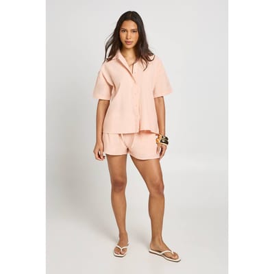 boohoo Dames Linnen-look Boxy Shirt Met Korte Mouwen & Short Co-ord Set | Apricot | Maat: 6