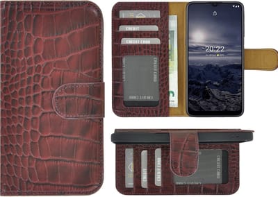 Nokia G11 Hoesje - Bookcase - Nokia G21 Hoesje - Nokia G11/ Nokia G21 Book Case Wallet Echt Leer Croco Bordeauxrood Cover