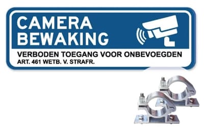Bord Camerabewaking Verboden toegang - blauw - Weerbestendig Aluminium - 40x15 cm - Bevestiging: Met paalbeugels Ø48mm