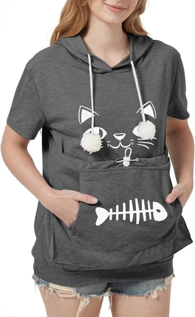 Schattige Dames Hoodie Korte Mouw, Casual Capuchontrui met Kattenzak, Ideaal voor Zomer en Vrijetijdskleding