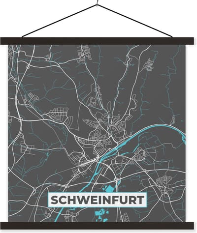 Posterhanger incl. Poster 60x60 cm - Schoolplaat - Duitsland – Blauw – Schweinfurt – Stadskaart – Kaart – Plattegrond - Textielposter - Zwarte latten - Stadskaart