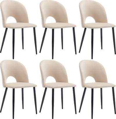 Sweiko Eetkamerstoel (6 pcs), gestoffeerde stoel ontwerp stoel met rugleuning, fluwelen stoel metalen frame, verstelbare voeten, diamantpatroon terug, beige