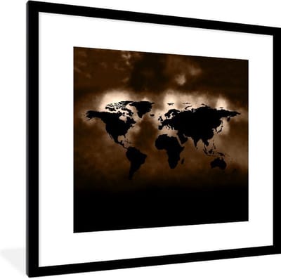 Poster in lijst - Fotolijst 40x40 cm - Posters - Wereldkaart - Sepia - Zwart - Posterlijst zwart - Decoratie - Wanddecoratie woonkamer - Muurdecoratie slaapkamer