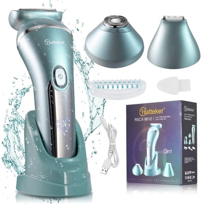 HATTEKER 3-in-1 Dames Scheerapparaat – Ladyshave voor Vrouwen – Gezichtstrimmer – Bikinitrimmer – 100% Waterdicht – Blauw