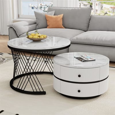 YEHTOKHOME Ronde Salontafel Set van 2 - Koffietafel - Wit hoogglans marmer look - 2 lades - Grote tafel Ø60x46cm, Kleine tafel Ø50x31cm - Zwart