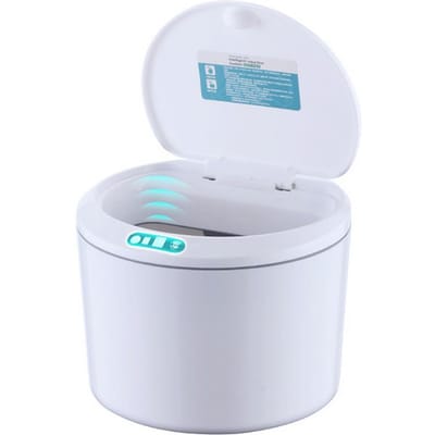 Poubelle de bureau à capteur, mini-poubelle automatique à piles avec couvercle pour bureau et véhicule white