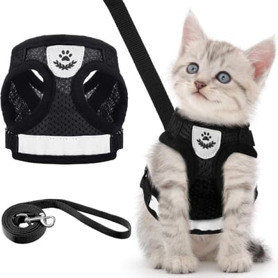Puppy-/kattenharnas en riem, ontsnappingsbestendig, zacht mesh, verstelbare vesten, harnas, honden, katten, huisdieren, ademende mesh riem voor outdoor, training, wandelen, XS (zwart)