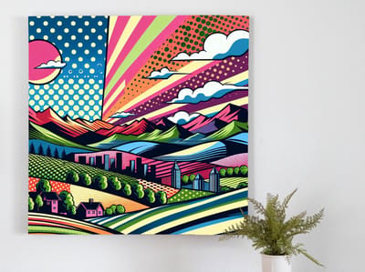 Pop art landschap schilderij | Flitsende pop-art landschapsschildering vol energie en kleurrijk spektakel | Kunst - 60x60 centimeter op Dibond | Foto op Dibond