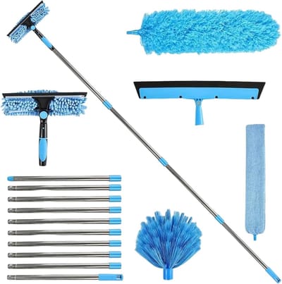 VHV-Raamwisser met telescoopsteel - Plumeau - Ragebol - Telescopische plumeau - Stofbezem - Uitschuifbaar - Met lange steel - Voor plafond, hoge ramen en meubels - 165in - Schoonmaakset - Blauw