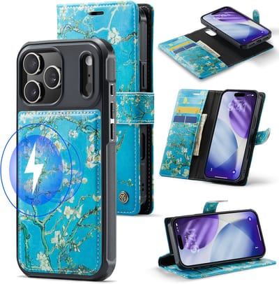 Casemania Hoesje Geschikt voor Apple iPhone 17 Pro - Amandelbloesem Print - Van Gogh - Geschikt voor MagSafe - Kunstleer 2 in 1 Afneembare Bookcase - Magnetische Telefoonhoesje met Kunst Print en Pasjeshouder
