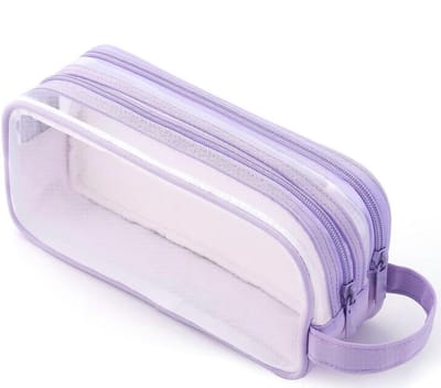 Etui - Transparante etui voor examens - Grote transparante etui van gaas- etui jongens - met 2 compartimenten en rits- etui meisjes - Grote etui voor pennen en schrijfwaren - voor school, universiteit, thuiskantoor, reizen(Paars)